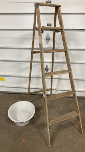 Vintage Wood Ladder, Vintage White Metal Basin