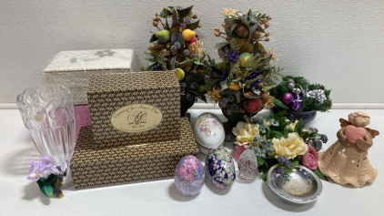 (3) Avon Presidents Club Gifts, (2) Ceramic Egg Trinket Dishes, (4) Artificial Florals, Angel Candle Holder and more