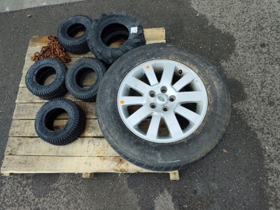 (4) Lawn Mower Tires (2) Small Lawn Tractor Tires (1) Range Rover Tire On 20" Rim (1) 15' Chain