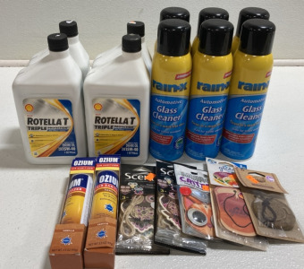 (4) Rotella T 15W-40 Motor Oil, (6) Glass Cleaner, (2) Vanilla Air Sanitizers, (5) Air Fresheners