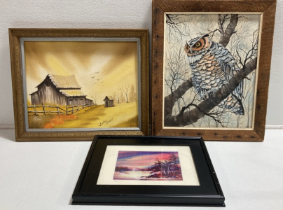 (1) Framed Owl Painting, (1) Framed Barn Painting, (1) Framed Watercolor Lake Painting