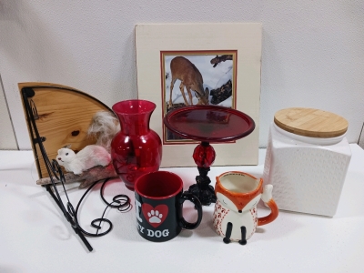 (1) Corner Shelf (1) Cookie Jar (1) Red Vase & More