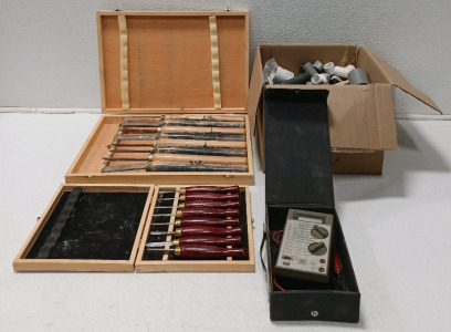 (1) Chisel Set w/Wooden Case (1) Mini Set Of Wood Turning Tools w/Wooden Case (1) Micronta Digital Multimeter Unable To Test & (1) Box Of PVC Fitters