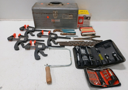 (1) Craftsman Tool Box (4) Woodworking Clamps (3) Boxes Of Stick-On Sanding Discs (3) Wall Drill Bits (1) Wrench Set (1) Pocket Tool Kit & More