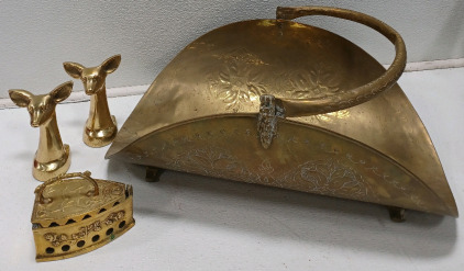 (1) Brass Firewood Holder (2) Brass Deer Bookend Statue (1) Solid Brass Iron