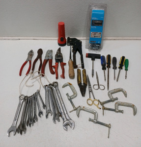 Assorted Tools Including (3) Screw Drivers (2) Sets Of Renches (2) Pliers (1) Flashlight & (1) Everbilt Locking Peg Assortment & More