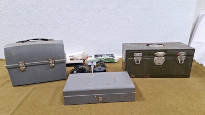 (1) Metal Utility Box, (1) Metal Lock Box, (1) Plastic Lunchbox & More