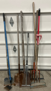 (1) Floor Scraper (3) Shovels (2) Pitch Forks & More