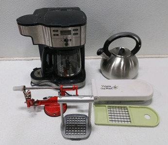 (1) Hamilton Beech Coffee Maker Powers On (1) Teapot Kettle (1) Chopper Wizard (1) French Fry Cutter (1) Spiral Potato/Apple Slicer