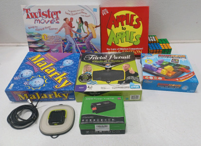 (5) Assorted Games Including Apples To Apples & Malarkey (1) DC To AC Power Inverter (1) Rocket Fish Cord (4) Rubik's Cube (1) Crush Light