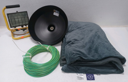 (1) Halogen Work Light (Works) (1) Globe Plug In Light (1) Weighted Blanket (1) Cable Roll