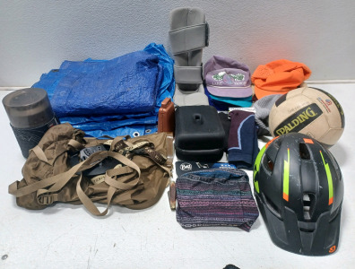 (2) Blue Tarps (5) Assorted Hats (1) Bike Helmet (1) Brand New Smartwool Socks (1) Night Splint & More