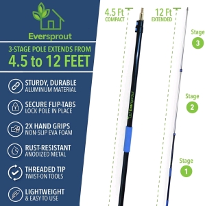 (3) EVERSPROUT 5-to-12 Foot Telescopic Extension Pole, Lightweight Sturdy Aluminum Easy Flip-Tab Lock Mechanism, Twist-On Metal Tip Paint Roller