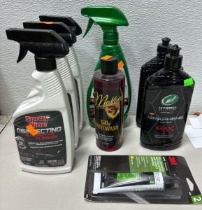 (3) Disinfectant Automotive Cleaner (2) Graphene Infused Max Wax (1) Turtle Wax Cleaner (1) McKees Auto Wash and (1) Yellow Super Wheatherstrip and Gasket Adhesive