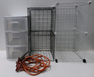 (2) Wire Baskets For Storage (1) 3 Drawer Plastic Organizer (1) Set Of Jumper Cables