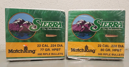 (2) Sierra 22 Cal .224 Dia Reloading Bullet, 500 Ct Per Box, One Box 77 Gr. HPBT And One Box 80 Gr. HPBT- Brand New Factory Sealed