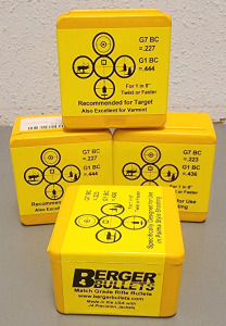 (4) Brand New Boxes Of Berger Bullets 22 Cal 80.5 Grain Match Fullbore Target Bullets, 100 Case Per Box