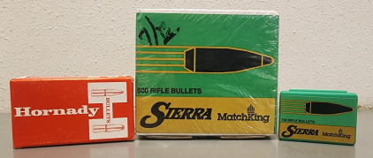 Reloading Bullets- Sierra 22 Call .224 69 Gr HPBT-Match, 500 Ct; Sierra 22 Cal .224 Dia 52 Gr. HPBT Match, 100 Ct; Hornady Match 22 Cal. .224 Dia 75 Gr. BTHP, 100 Ct