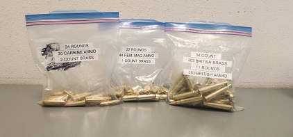 (22) .44 Rem MAG Rounds And One Brass, (24) .30 Carbine Rounds And (2) Brass, (11) Rounds 303 British And (34) 303 Brass