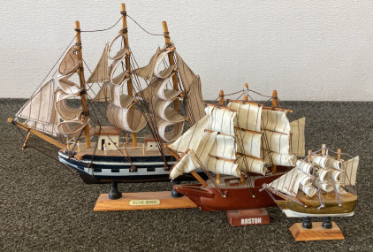 (3) Different Sized Vintage Wooden Model Ships