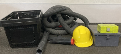 (2) Vacume Hoses And Extension Peaces , Yellow Hard Helmet, Tool Box