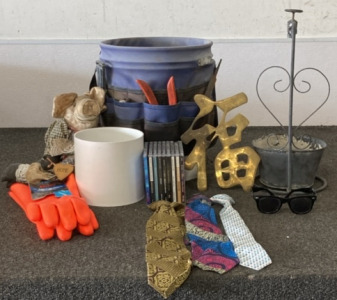 Multi Purpose Bucket Tool Bag, (1) PVC Pipe, Kinco Orange Rubber Gloves, CDs, (3)Ties, Flower Pot, Chinese METAL Art.