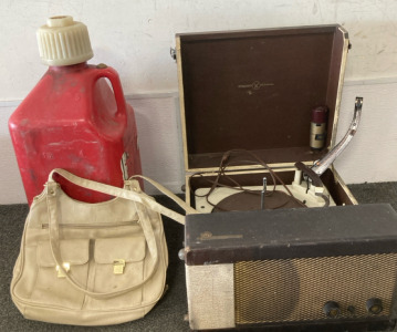 5 Gallon Gas Tank, Antuque Speaker, & Purse