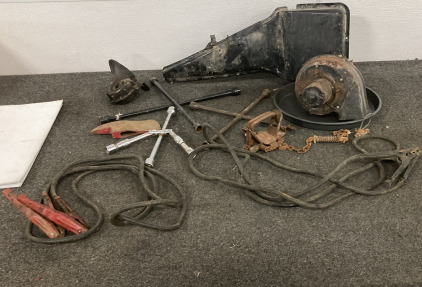 Tools! Tire Irons, Jumper Cables, Axe Head, Ratchet, & Car Parts.