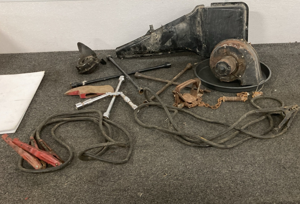 Tools! Tire Irons, Jumper Cables, Axe Head, Ratchet, & Car Parts.