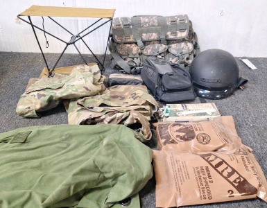 Military jackets, pants helmet, mre backpack & lights