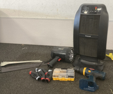 Honeywell Space Heater, (Not Tested), Coleman Spotlight (Not Tested), Ryobi Dril (Not Tested) DeWalt Bits, Metal Hinges