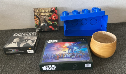 2000Pc Star Wars Puzzle, Recipe For Murder Puzzle, Alfred Hitchcock Puzzle, Blue Lego Storage Container, Bamboo Bowl