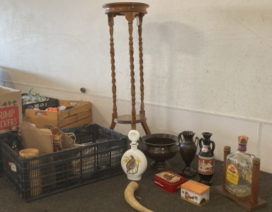 Decorative Glass And Bottles, Tins, Tall End Table