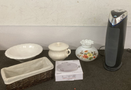 Glassware, Robot Vacuum, Space Heater, Basket