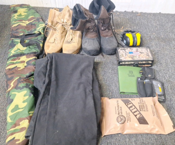 Military boots, pants, gun case & field equipment