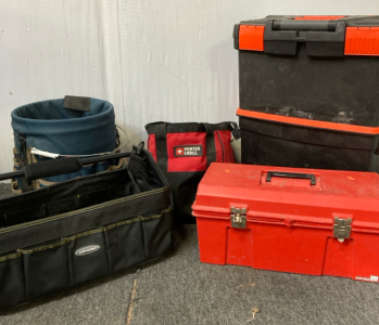 (2) Tool Boxes, (2) Tool Bags, (1) Construction Bucket