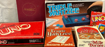 Vintage Classic Family Games: Deluxe Triple Yatzee, Scrabble, Deluxe UNO, Kids UNO King Size! & The French Card Gam Mille Bornes