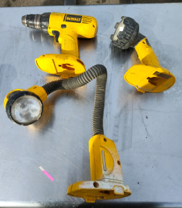 (1) DeWalt Drill (2) DeWalt Lights with Battery - power on