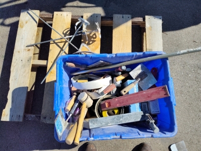 Blue Tote with Assorted Painting Supplies Including Scrapers, Mallets, Edgers &More