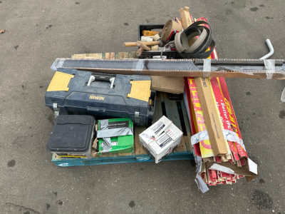 (2) Certified Carpet Gripper, Irwin Box w/ Construction Supplies, Other Misc Carpet Supplies
