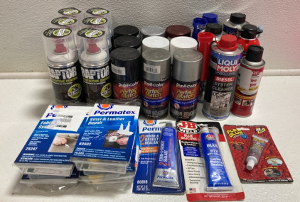 (6) Raptor Protective Coating, (9) Assorted 8oz DupliColor Spray Paint, (2) Fabric Repair Kits, (2) Vinyl&Leather Repair Kits and more