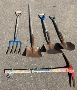 (1) Pick-Ax, (3) Shovels, (1) Pitchfork