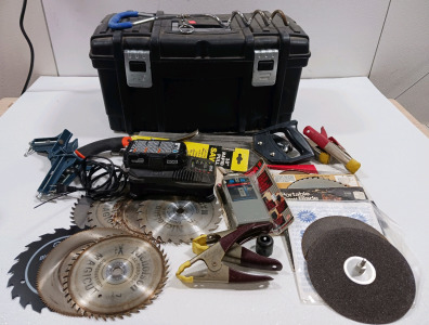 (1) Husky Black Tool Box (8) Assorted Saw Blades (5) Griding Wheels (1) Royobi 18V Battery & Charger & More!