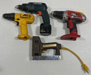 (1) Dewalt Cordless Drill (1) Black & Decker 9.6V Drill & Battery (1) Skil Xdrive 18V Drill (1) Arrow Electro-matic ETF-50 Staple Gun