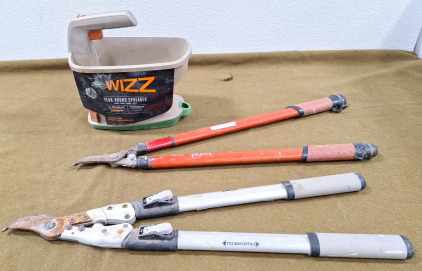 (1) Scotts WIZZ Battery Operated Hand Broadcast Spreader & (2) Limb Loppers. In Specialty On U