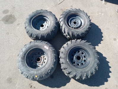 (4)4whell tires (2)titan 489.x/t 25+11-12.max fill 7.psi.max load 455lbs (2)grim reaper 25x10.r12 tubeless.gbc motorsports.maxload 420..7psi..max load 580..12psi