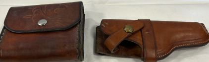 Right-Handed Leather Short Barrel Pistol Holster & Leather Ammo Pouch