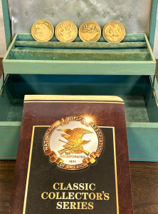 NRA Classic Collector’s Series Wildlife Coins: Grizzly, Whitetail Deer, Elk & Big Horn Sheep w/ Case & Vintage Jewelry Box