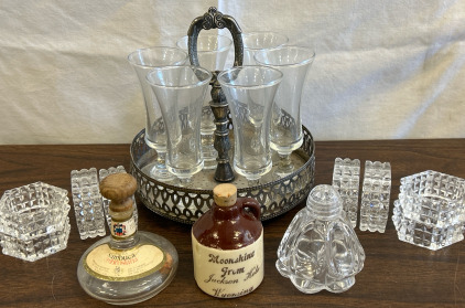 Vintage Silver Plate Cavalier Round Gallery Rim Serving Tray w/ (6) Cordial Glasses, (8) Crystal/Glass Napkin Rings, (1) Crystal/Glass Salt/Pepper Shaker, Tiny Moonshine Souvenir Jug & Tiny Sambuca Ambrosiana Bottle