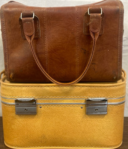 Vintage Samsonite Sonora Brown Leather Train Case & Skyway Camel Color Leather-Like Train Case w/ Original Tray Insert